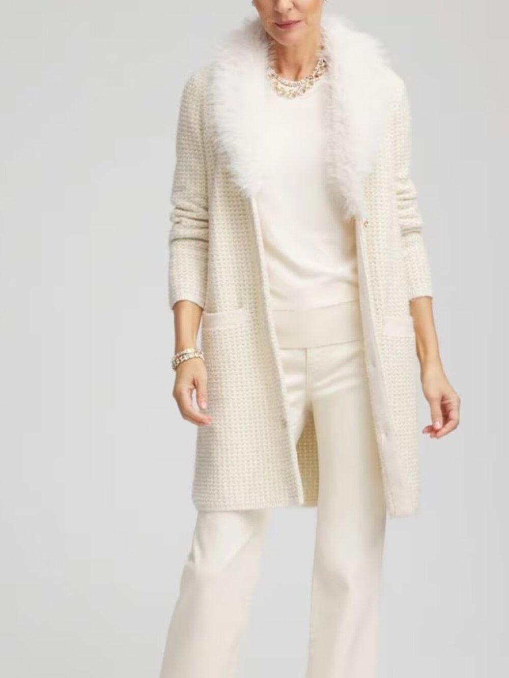nwt CHICO'S fur trimmed cardigan sweater in engligh cream 1 medium